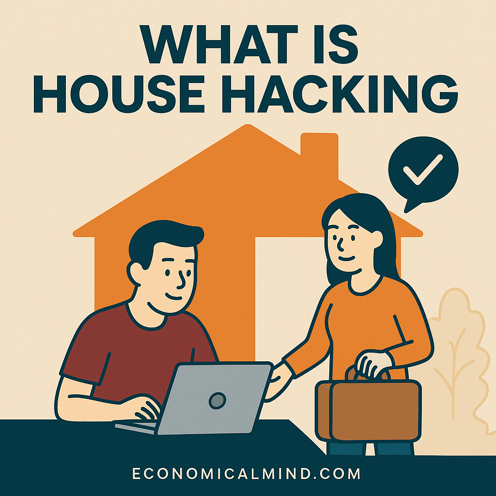 Illustration of a homeowner renting out part of their home while living in another section, symbolizing house hacking.