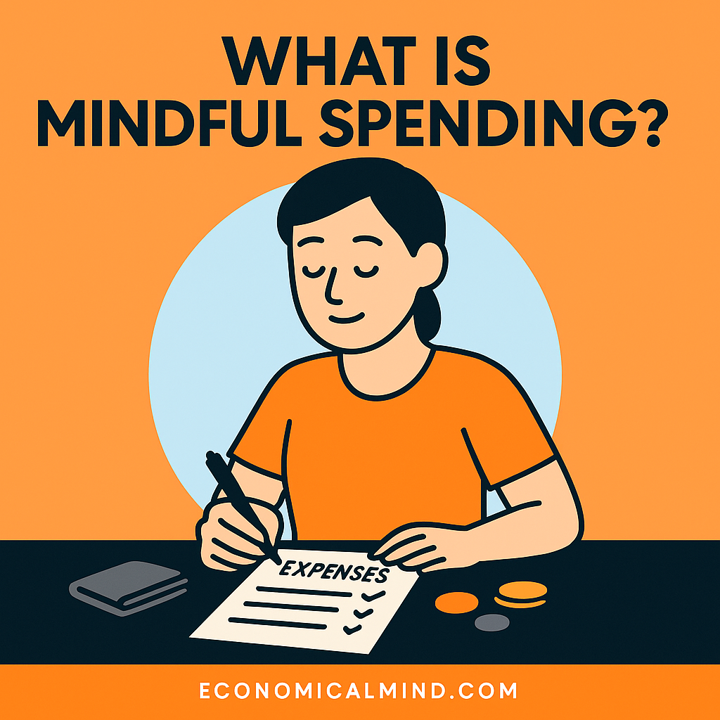 Illustration of a person thoughtfully reviewing expenses with calm focus, symbolizing mindful spending habits.