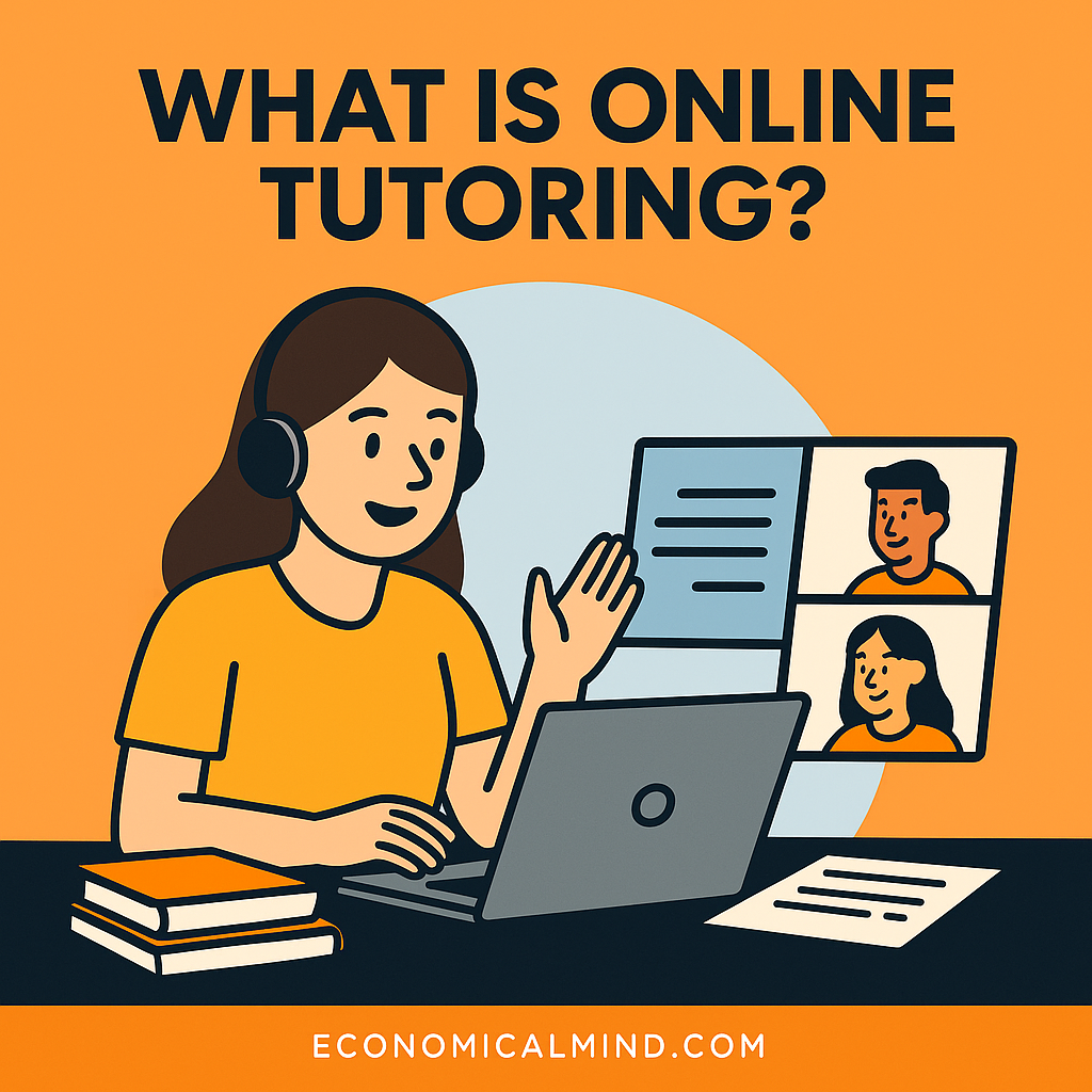 Illustration of an online tutor teaching through a laptop with students on screen, symbolizing remote education and side income.