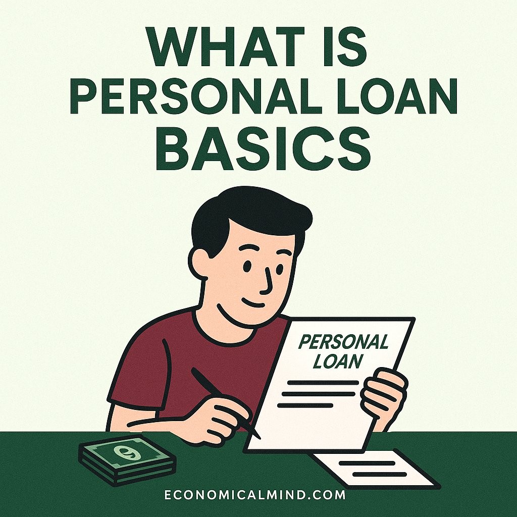 Illustration of a person reviewing a personal loan agreement with money and documents on a desk.