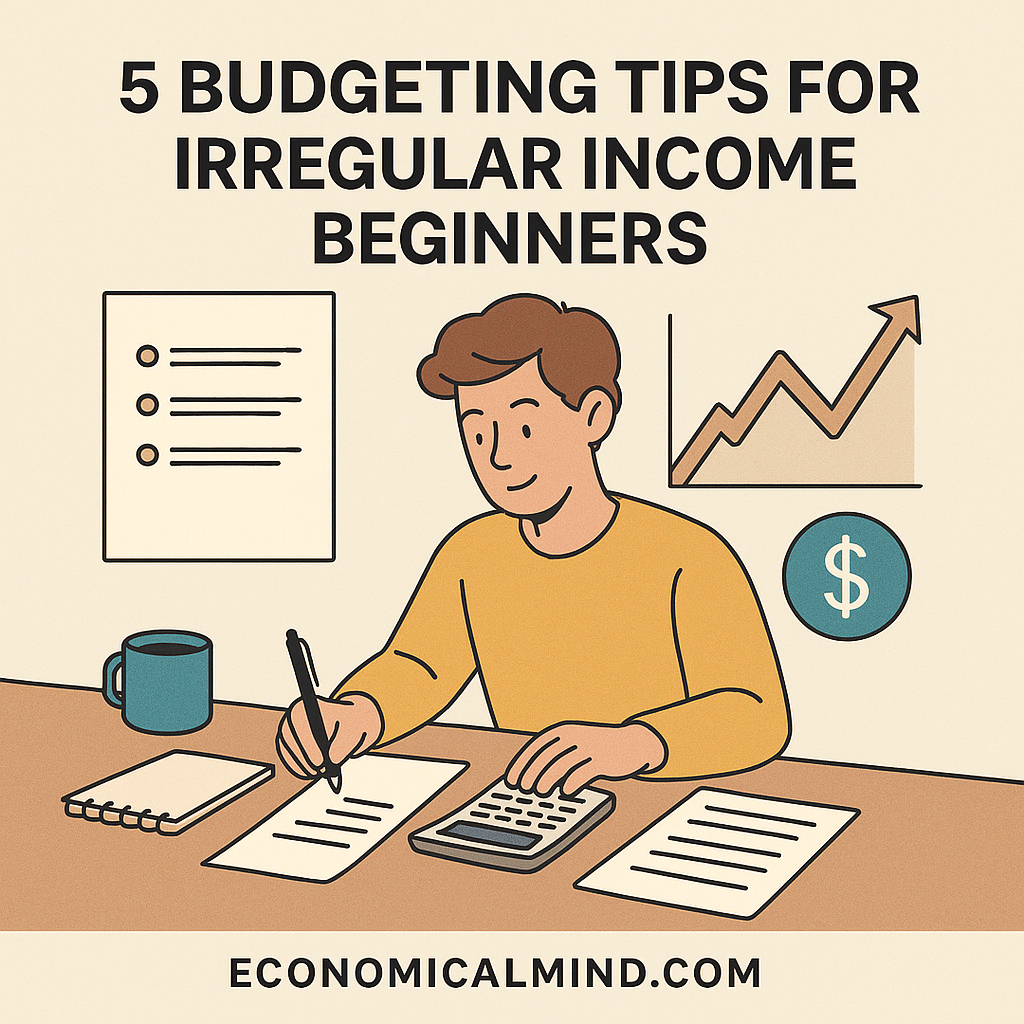 Illustration of a freelancer organizing finances at a desk with fluctuating income charts representing irregular income budgeting.