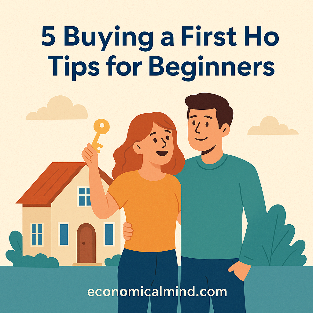 Illustration of a first-time homebuyer couple standing with keys in front of a new house, symbolizing financial readiness and homeownership.