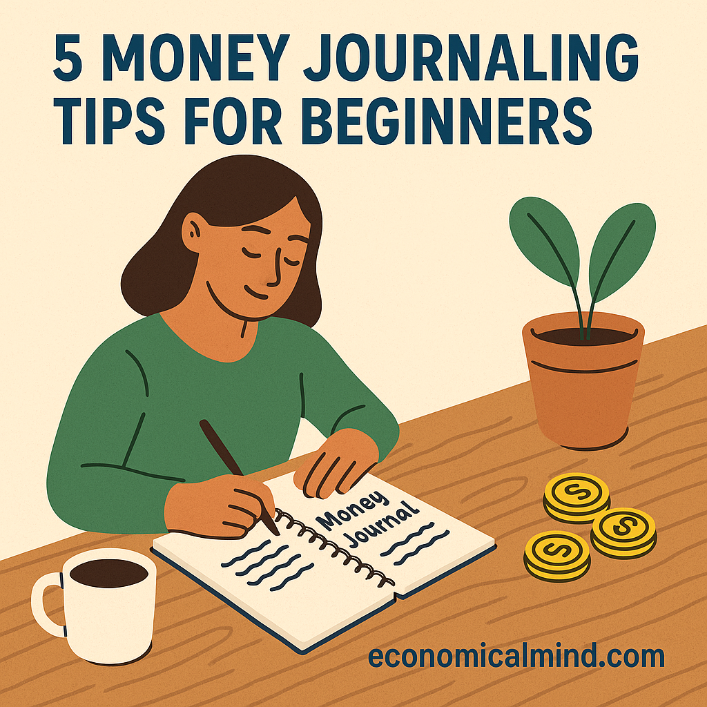 Illustration of a person writing in a notebook labeled “Money Journal” at a cozy desk with coffee, coins, and a plant, symbolizing mindful financial reflection.