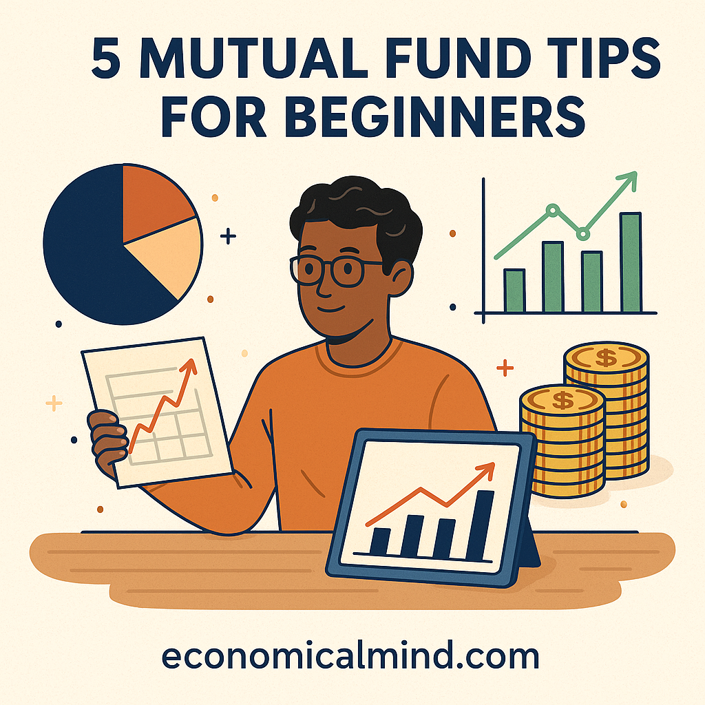 Illustration of an investor reviewing mutual fund charts with coins and graphs representing portfolio growth.