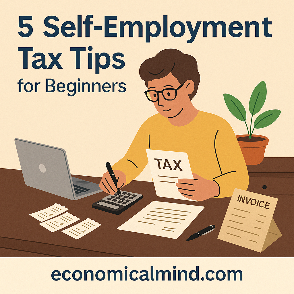 Illustration of a freelancer calculating self-employment taxes with a laptop, receipts, and paperwork on a desk.