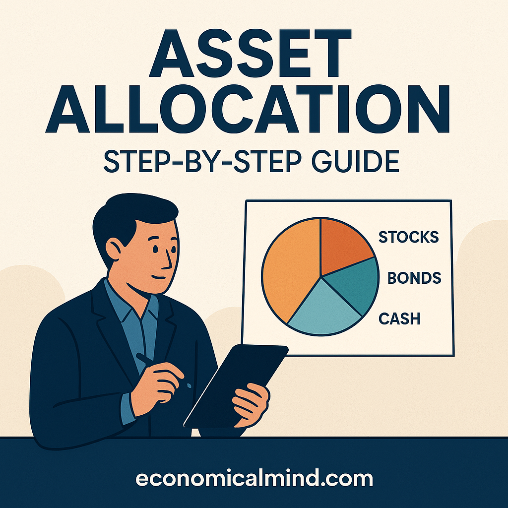 Illustration of an investor reviewing a balanced portfolio chart with sections for stocks, bonds, and cash, symbolizing diversification and strategy.