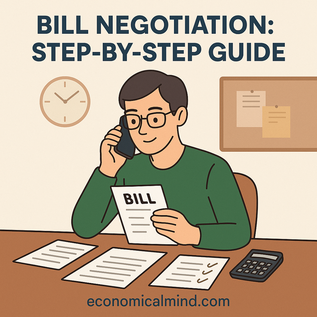 Illustration of a person talking on the phone while reviewing bills and statements, symbolizing confident money management.
