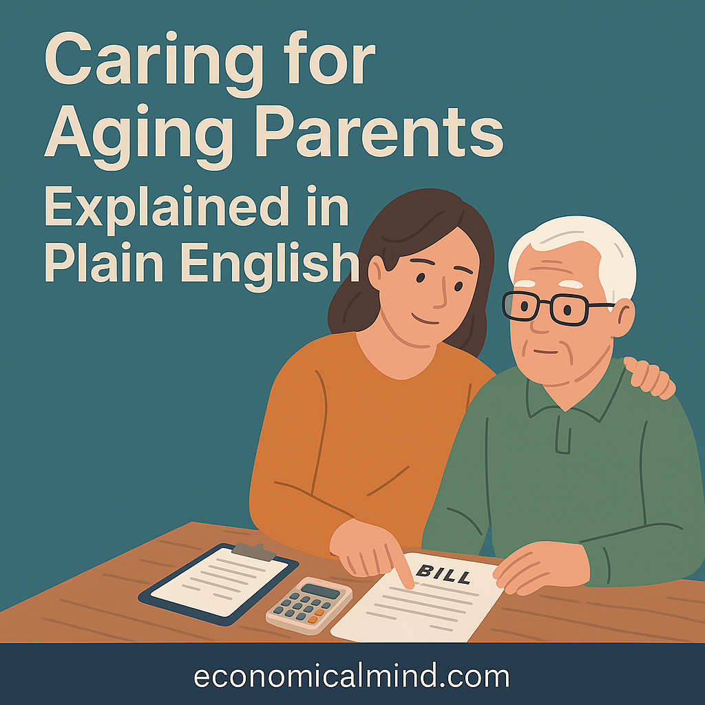 Illustration of an adult child helping an elderly parent review financial paperwork at a kitchen table.