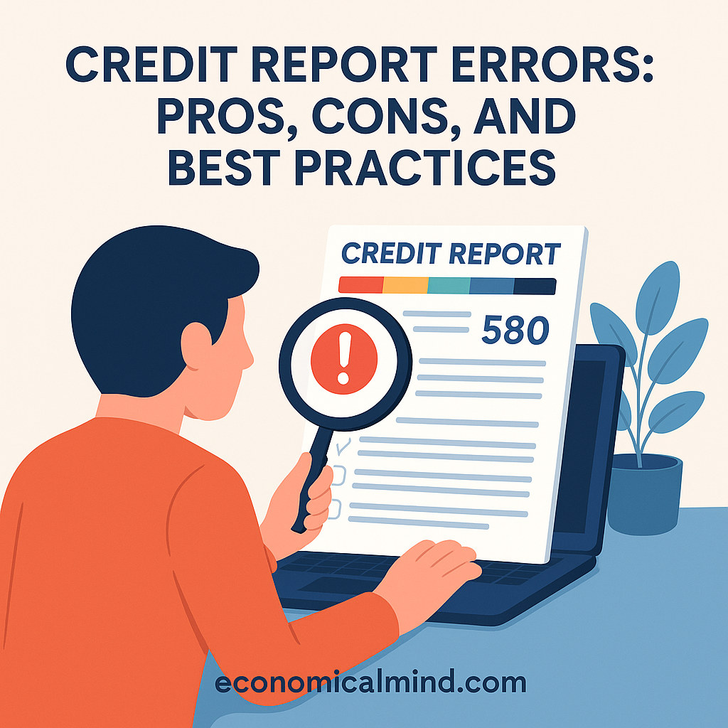 Person reviewing credit report with magnifying glass and laptop on desk.