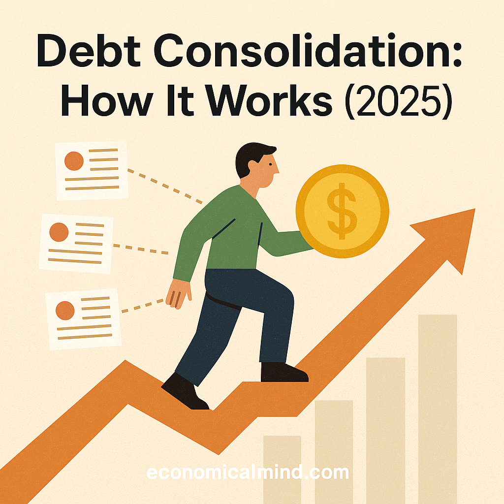 Illustration of a person combining multiple debt payments into one clear path toward financial stability.