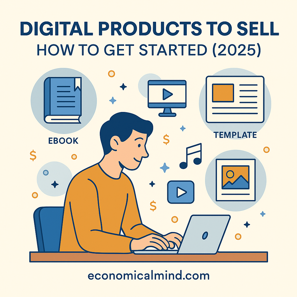 Illustration of a person creating digital products on a laptop surrounded by icons for eBooks, courses, and templates.