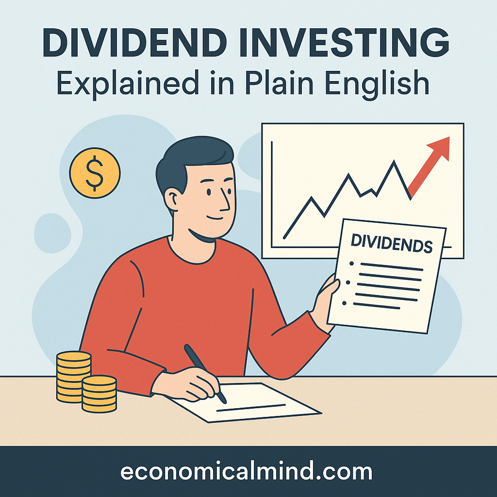 Illustration of an investor reviewing dividend income statements and stock charts, symbolizing steady passive income.