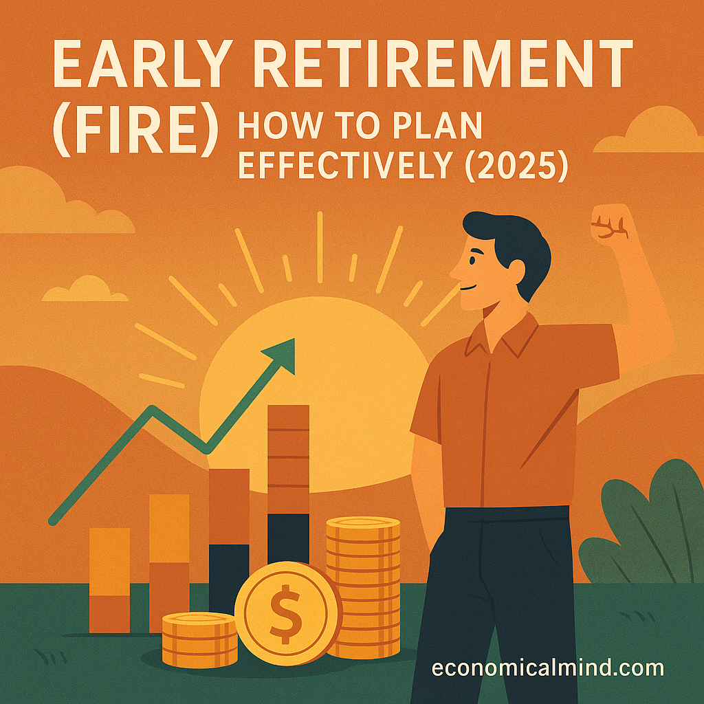 Illustration of a person reaching financial independence with charts, coins, and a sunrise symbolizing early retirement freedom.