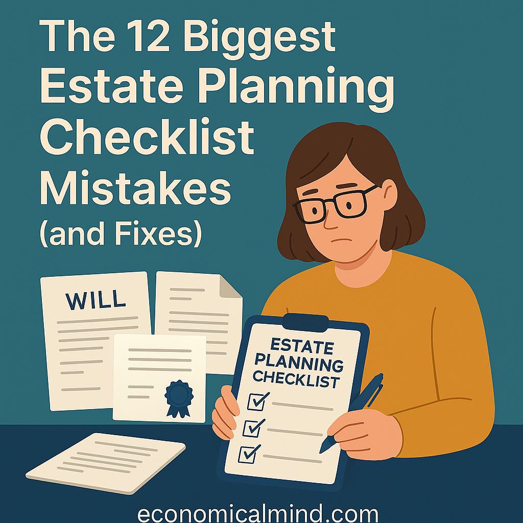 Illustration of a person reviewing an estate planning checklist with legal documents, will, and trust papers on a desk.