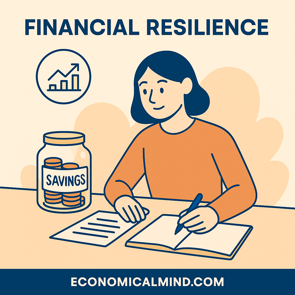 Person calmly reviewing finances with savings jar and notebook on table.