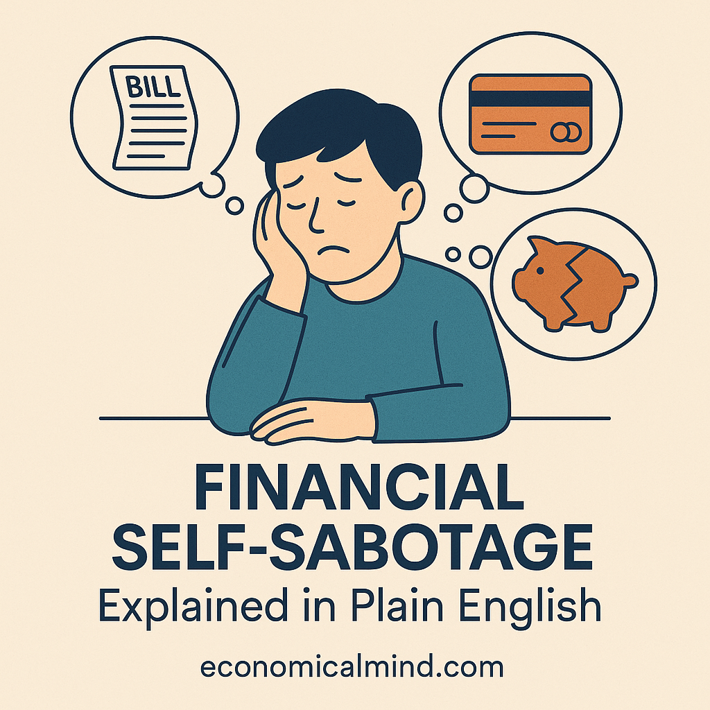 Illustration of a person reflecting on money decisions with thought bubbles showing bills, spending, and emotional stress.
