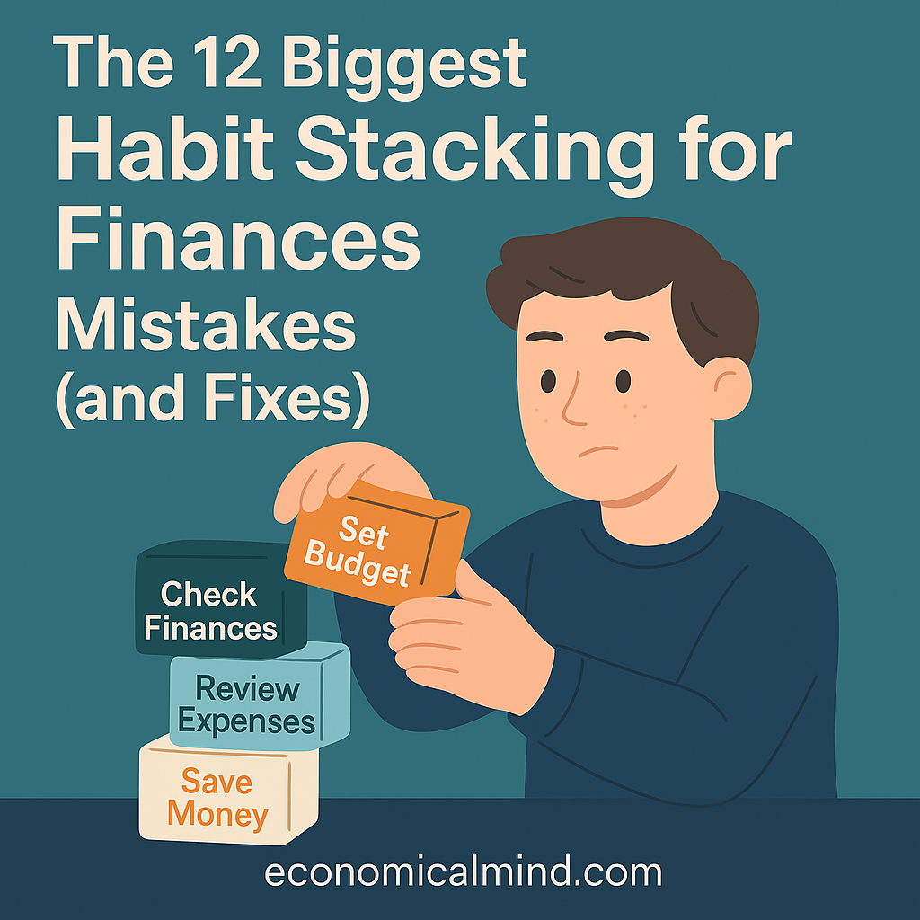 Illustration of a person organizing financial habits like stacking blocks, symbolizing building consistency and balance.