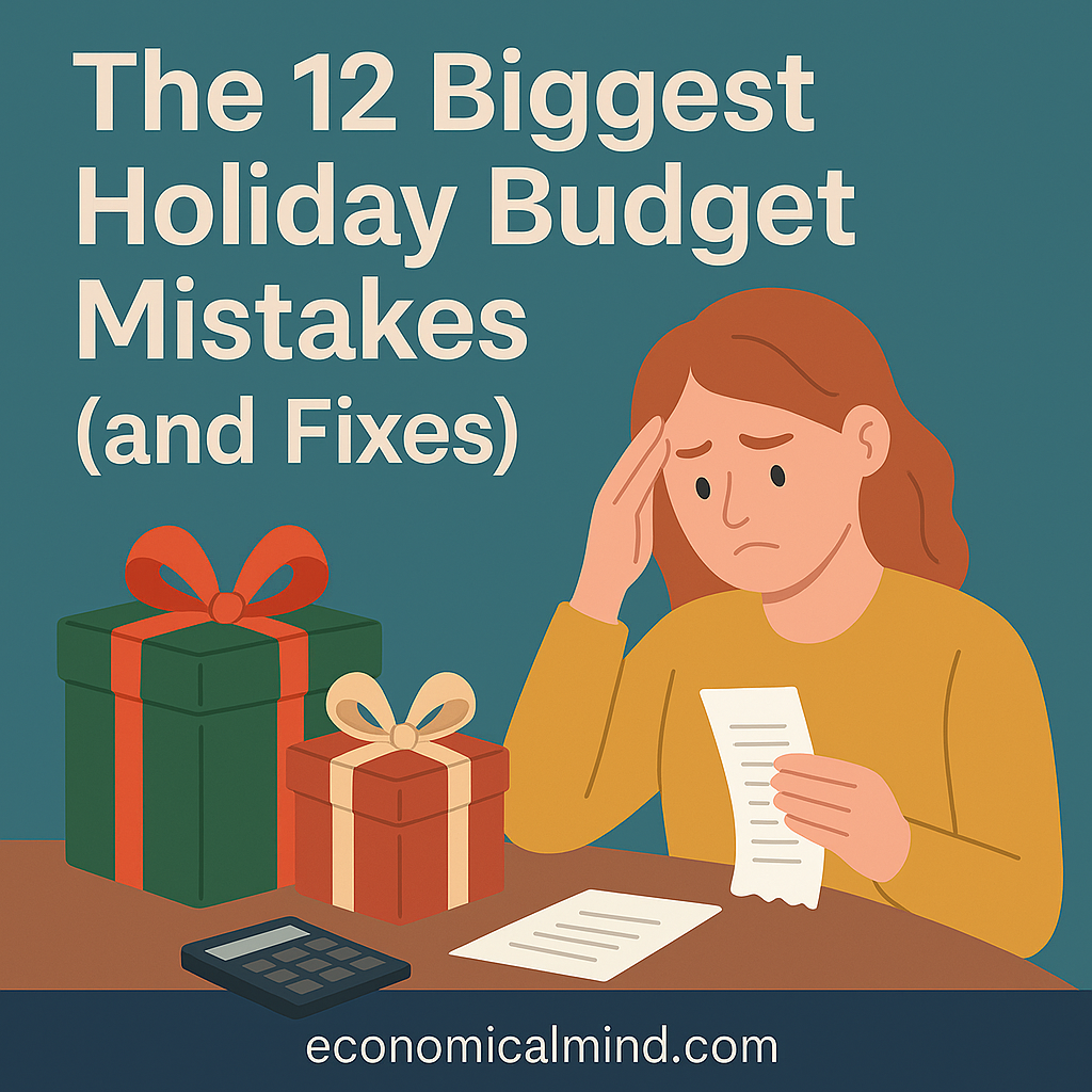 Illustration of a person reviewing holiday expenses with gift boxes, receipts, and a calculator on a table.