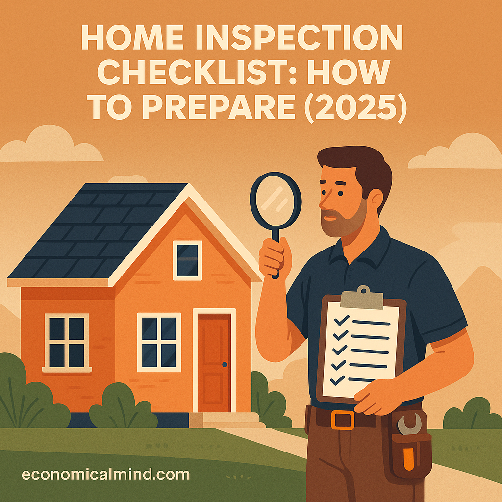 Illustration of a home inspector examining a house with a checklist and tools, symbolizing home inspection preparation.