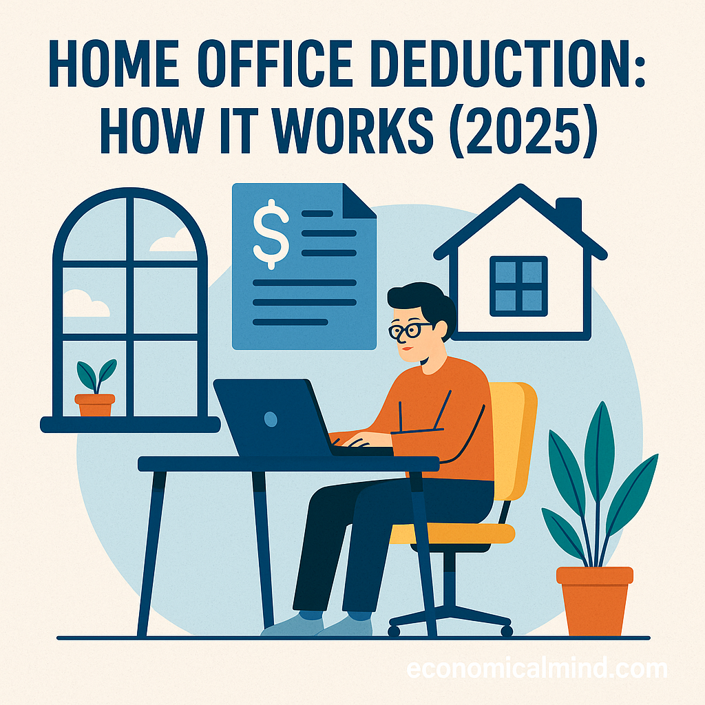 Illustration of a remote worker at a desk in a home office setting representing the 2025 home office deduction.