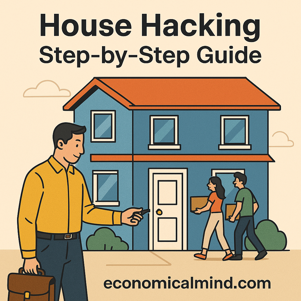 Illustration of a homeowner unlocking the door to a duplex while tenants move in, symbolizing rental income and smart real estate strategy.