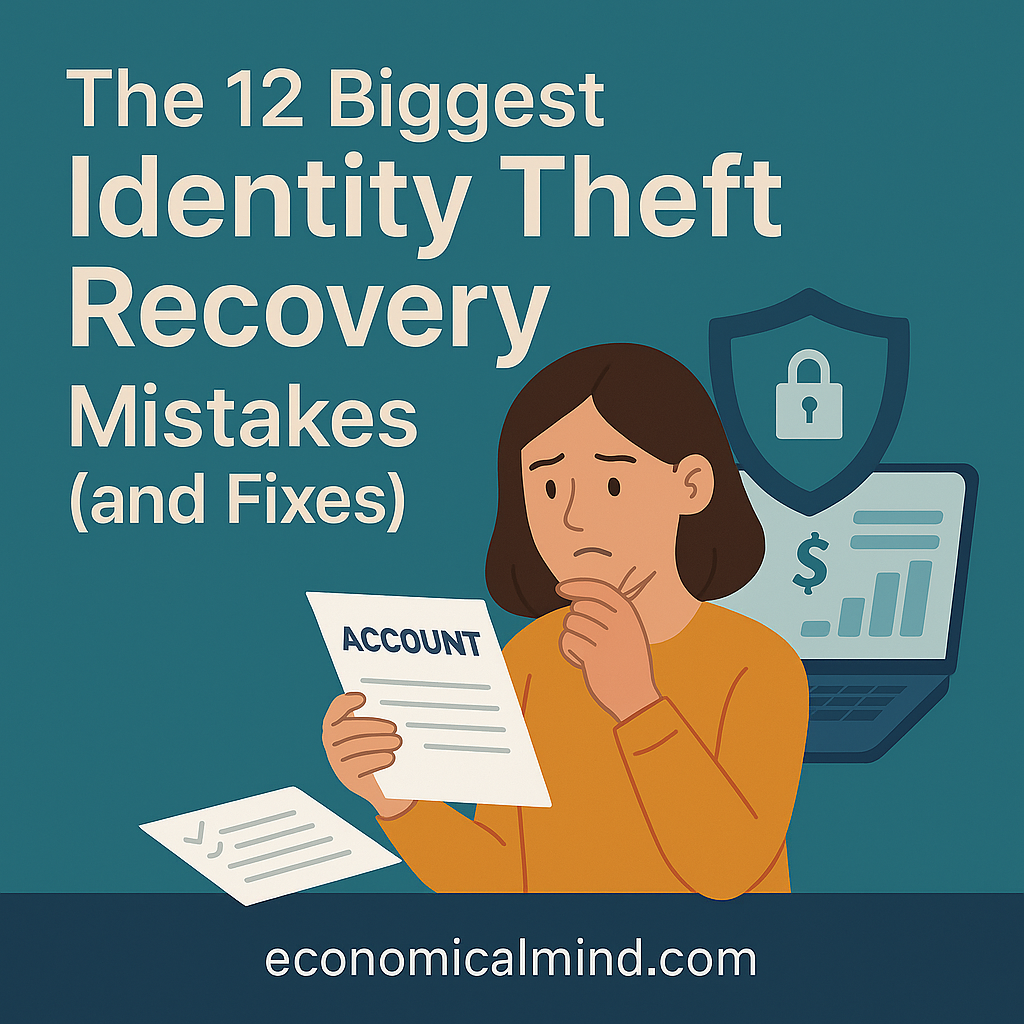 Illustration of a person reviewing financial accounts with a shield symbol protecting their data from identity theft.