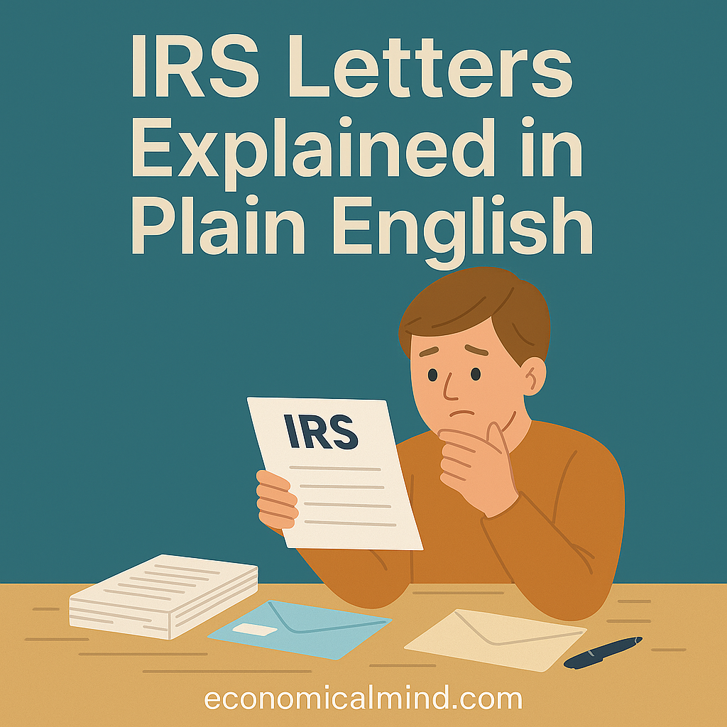 Illustration of a person opening an IRS letter at a desk, with documents, envelopes, and a calm expression.