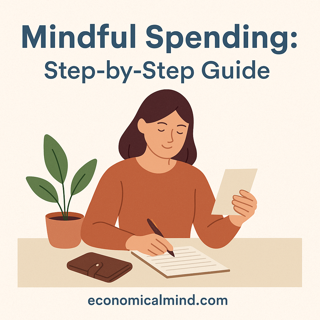 Illustration of a person reviewing purchases at a calm workspace with a plant, wallet, and journal symbolizing mindfulness and balance.