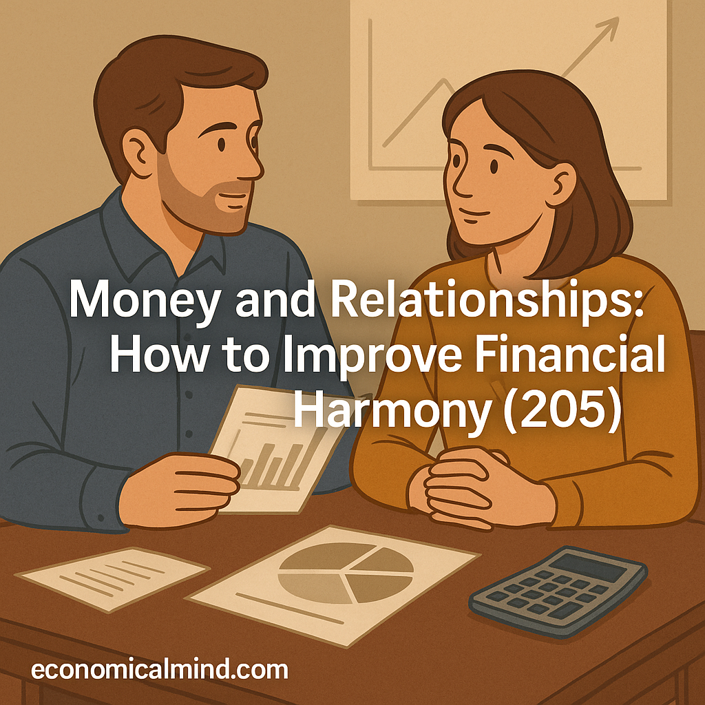 Illustration of a couple managing finances together calmly at a table with charts symbolizing financial harmony.