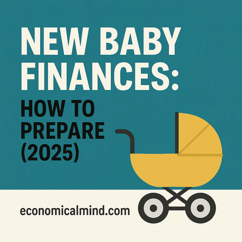 Illustration of new parents reviewing finances with a baby and budgeting documents around them, symbolizing financial planning for new families.