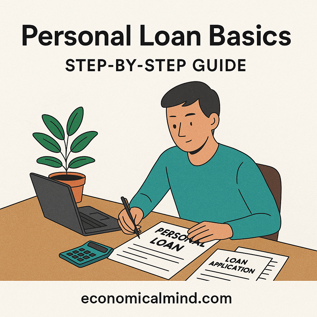 Illustration of a person reviewing personal loan documents with a laptop, calculator, and bank forms on a desk.