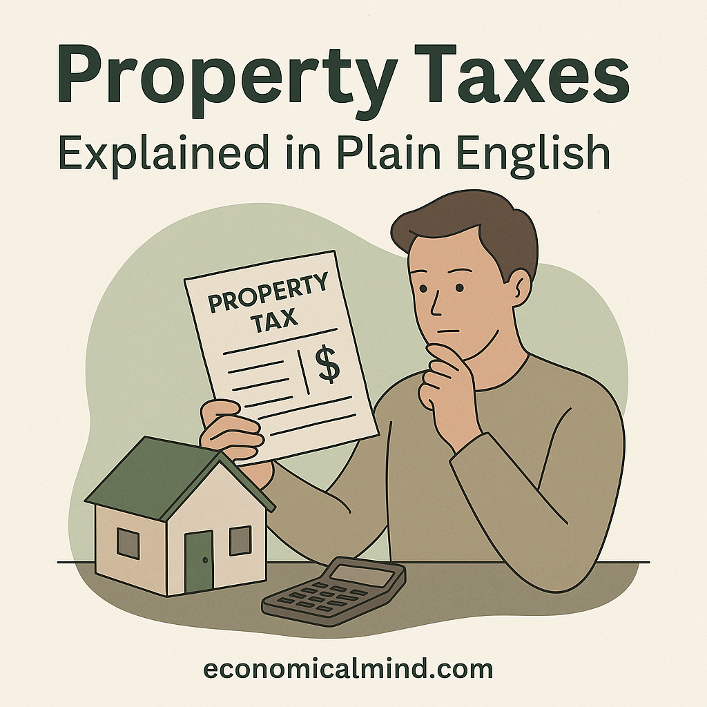 Illustration of a homeowner reviewing a property tax bill beside a small house model and calculator.