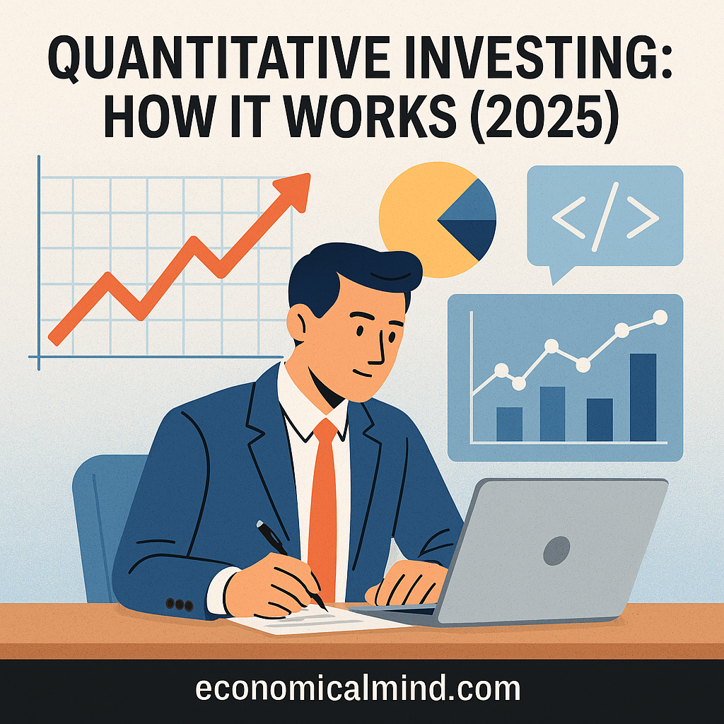 Illustration of a data-driven investor analyzing charts and algorithms representing quantitative investing in 2025.