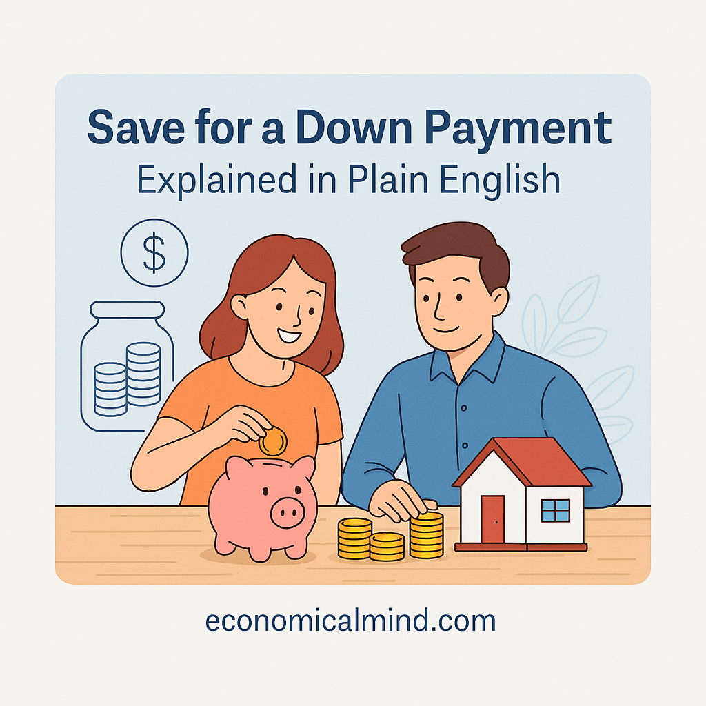Illustration of a young couple saving money for a home, with coins, a piggy bank, and a small house model on a table.