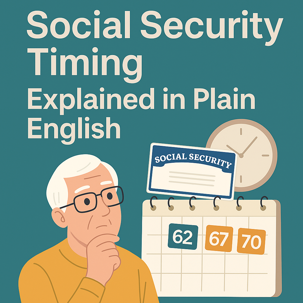 Illustration of a retiree reviewing Social Security benefit options with a calendar showing different claiming ages.