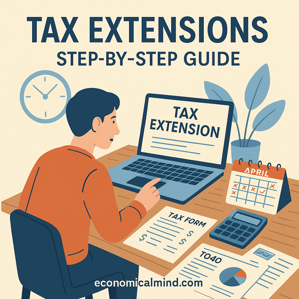 Illustration of a person filing taxes online with a calendar showing extended deadlines and financial documents around.
